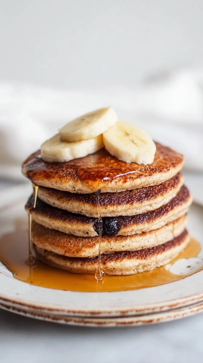 A stack of golden brown banana cottage cheese pancakes topped with fresh banana slices and syrup