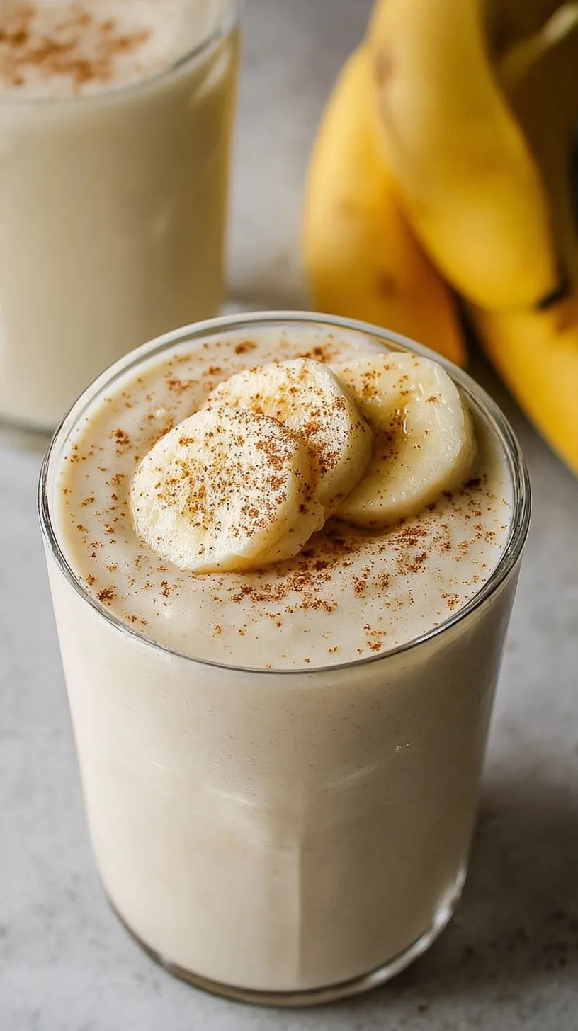 A tall glass of creamy banana smoothie with a straw on a bright kitchen counter.