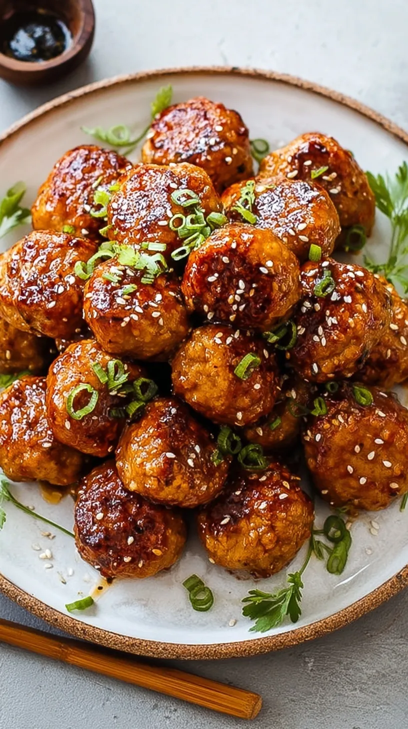 A platter of golden BBQ chicken meatballs glazed with thick sauce and garnished with parsley