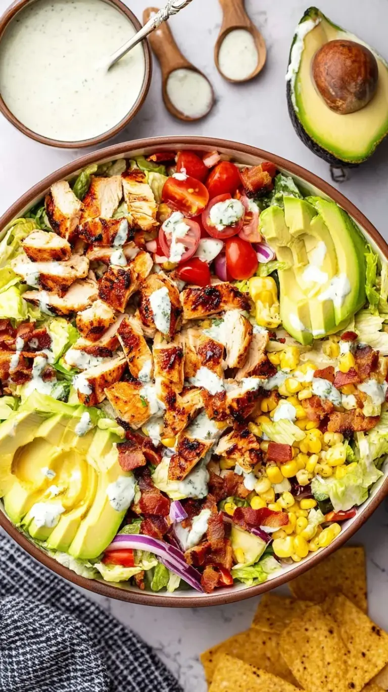 A colorful BBQ Chicken Salad in a large bowl with grilled chicken, corn, black beans, and avocado topped with tortilla strips.