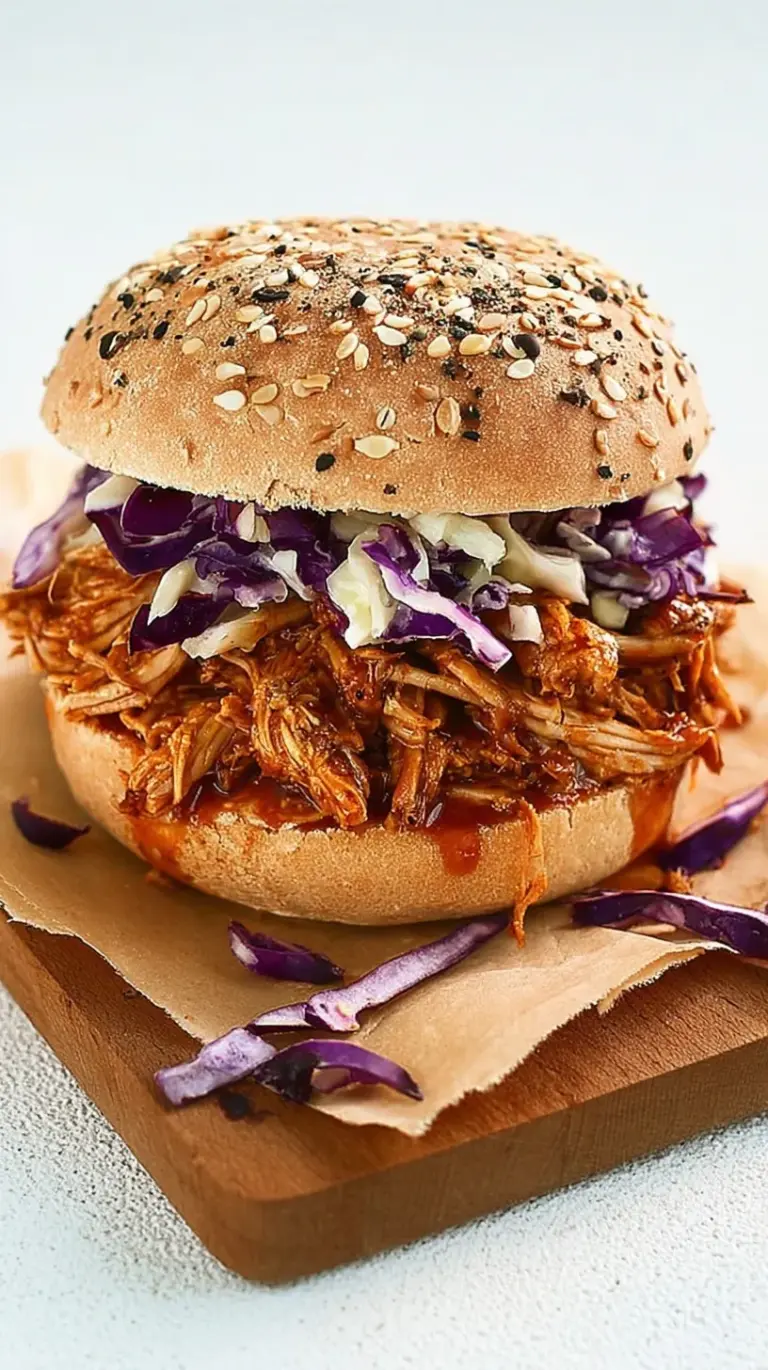 A stack of BBQ Jackfruit Sandwiches topped with crunchy vegan coleslaw on toasted buns.