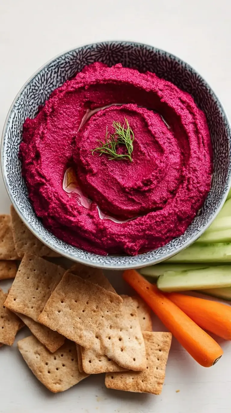 A bowl of bright pink beet hummus topped with olive oil and herbs.