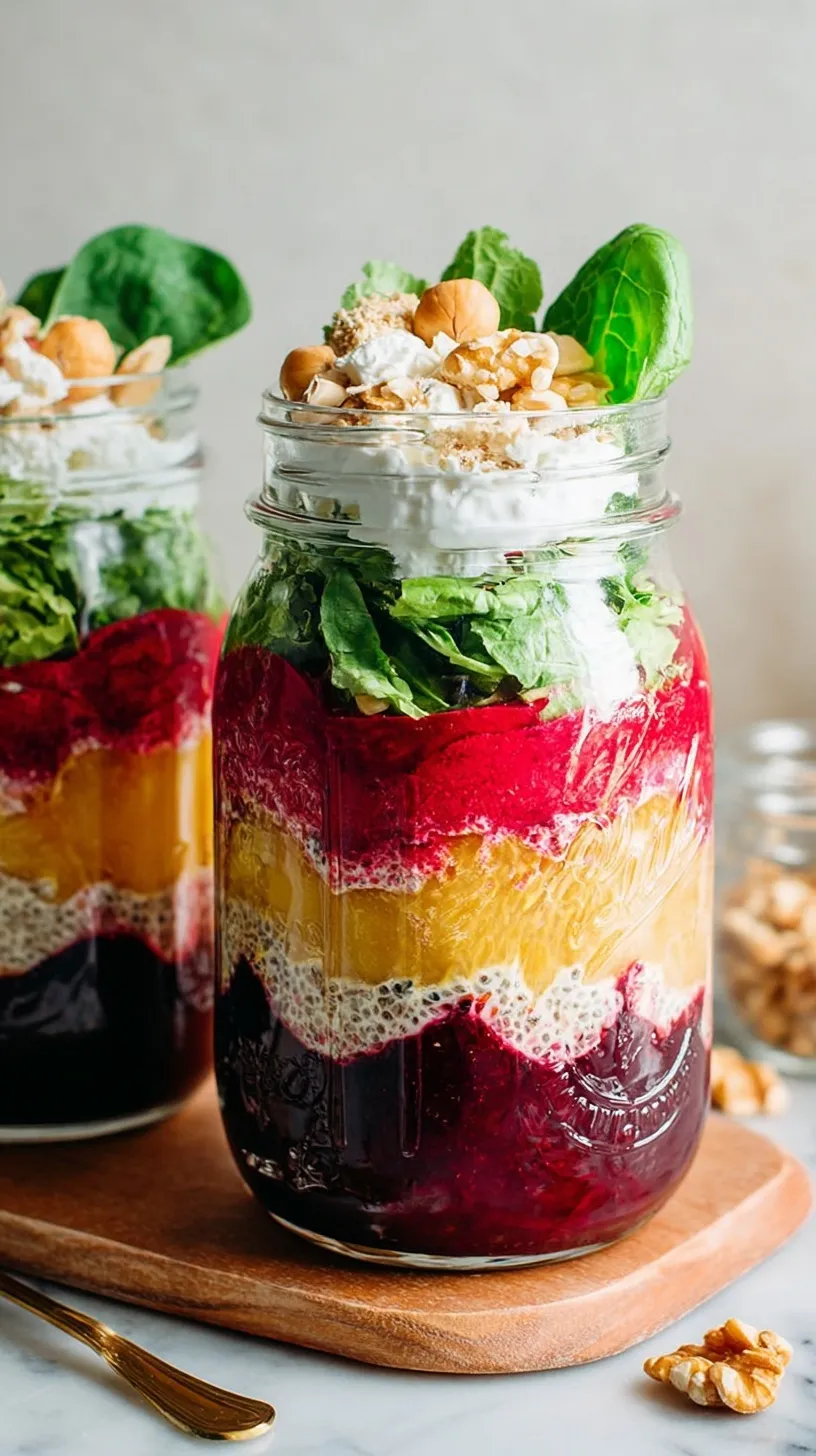 Colorful layers of roasted beets, chickpeas, quinoa, and spinach in a glass mason jar.