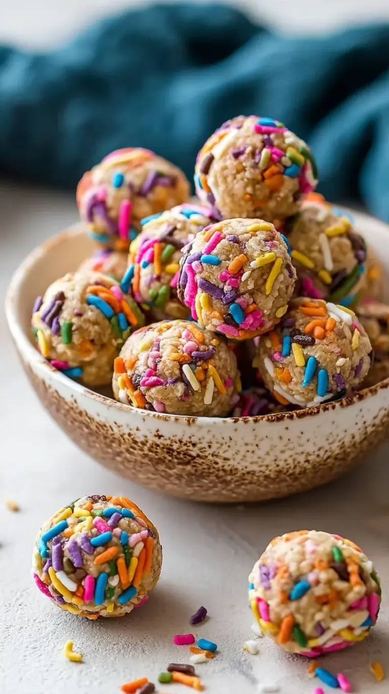 A tray of colorful birthday cake protein balls with rainbow sprinkles on a parchment-lined sheet.