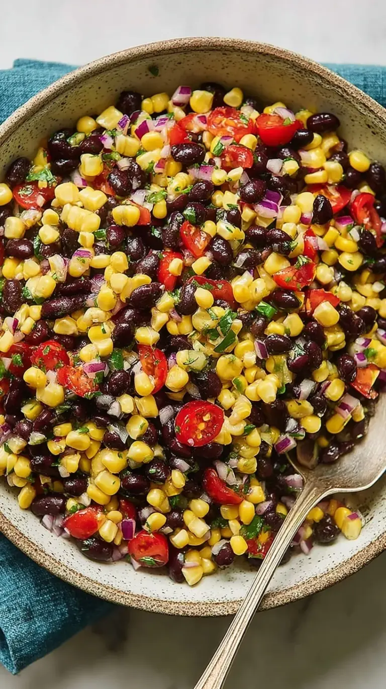 A colorful bowl of black bean and corn salad with red peppers and cilantro.