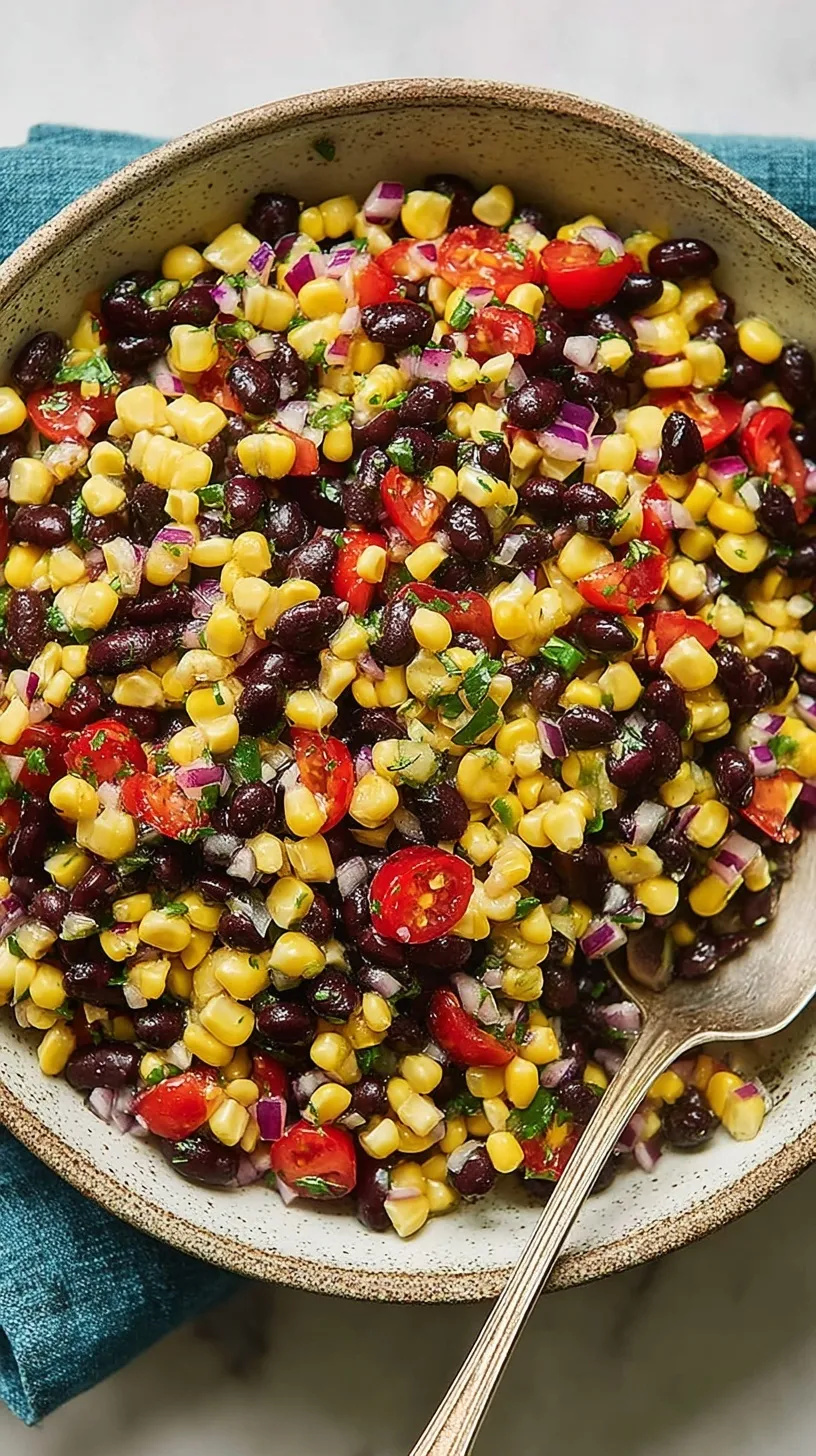 A colorful bowl of black bean and corn salad with red peppers and cilantro.