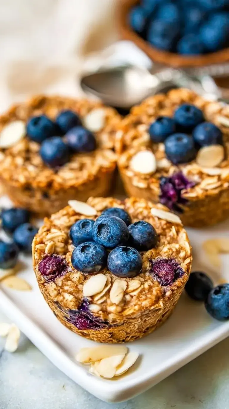 A close-up of golden brown blueberry baked oatmeal cups in a muffin tin with fresh berries on top.