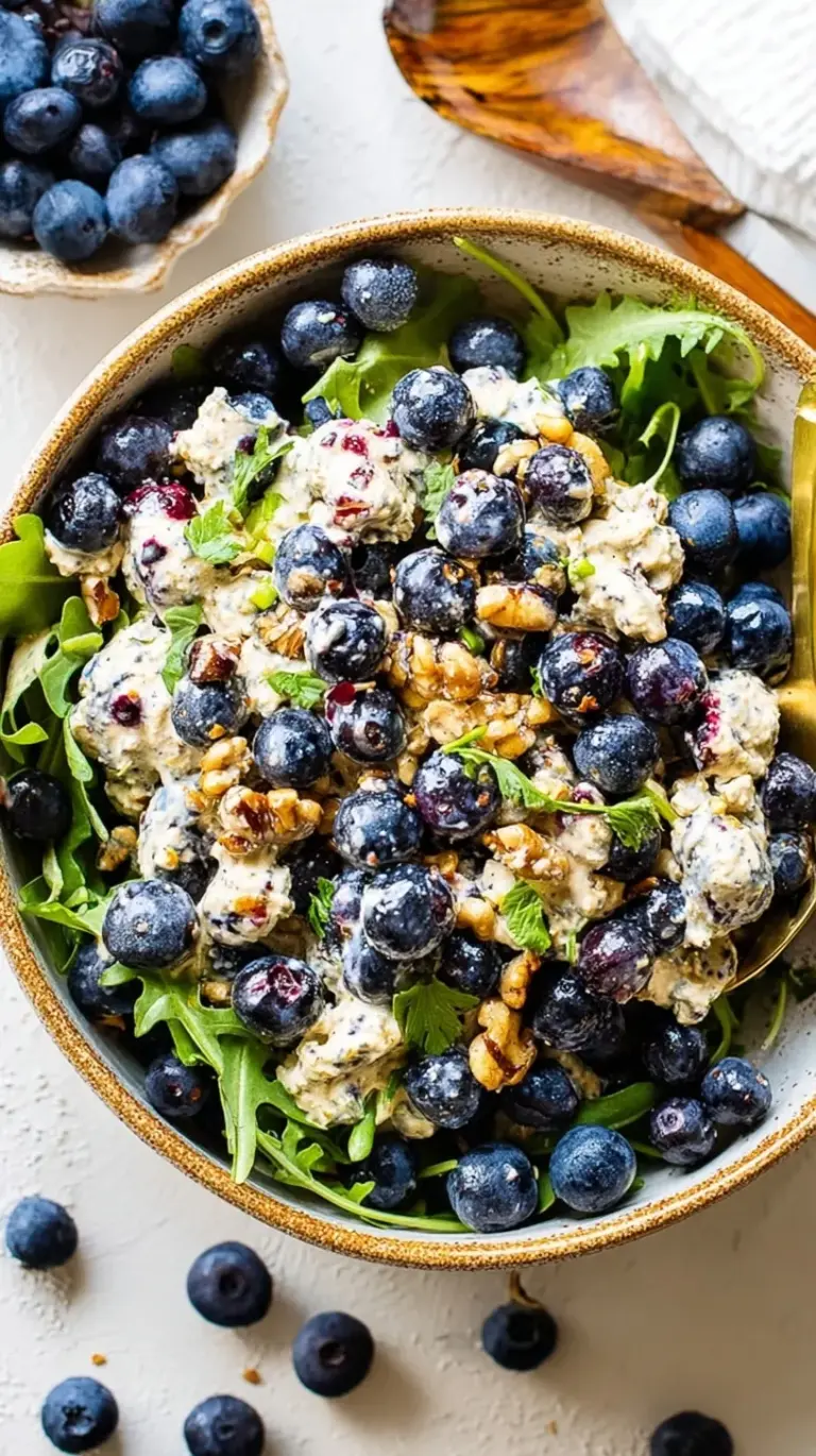 A vibrant breakfast salad in a white bowl featuring blueberries, spinach, and granola.