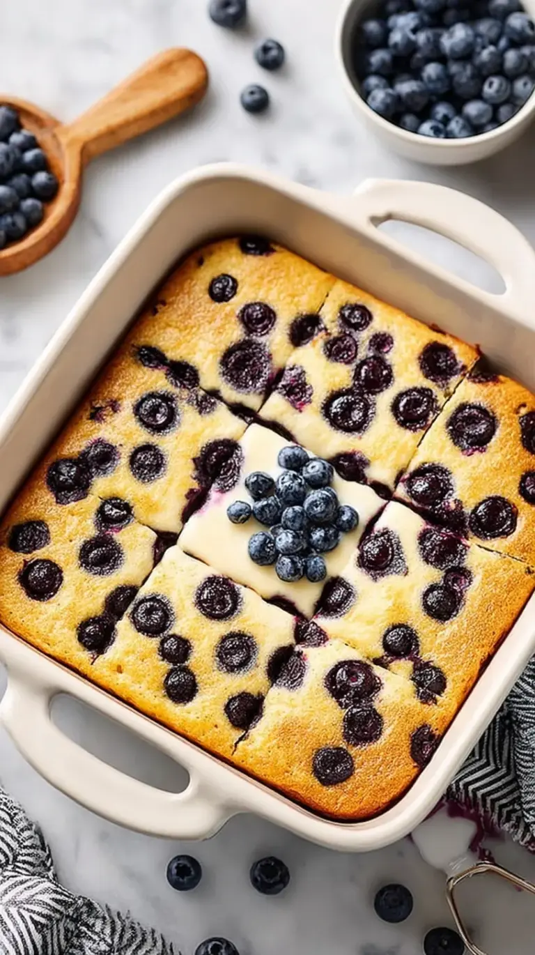 A golden-brown Blueberry Cottage Cheese Breakfast Bake sliced in a square dish with fresh berries on top.