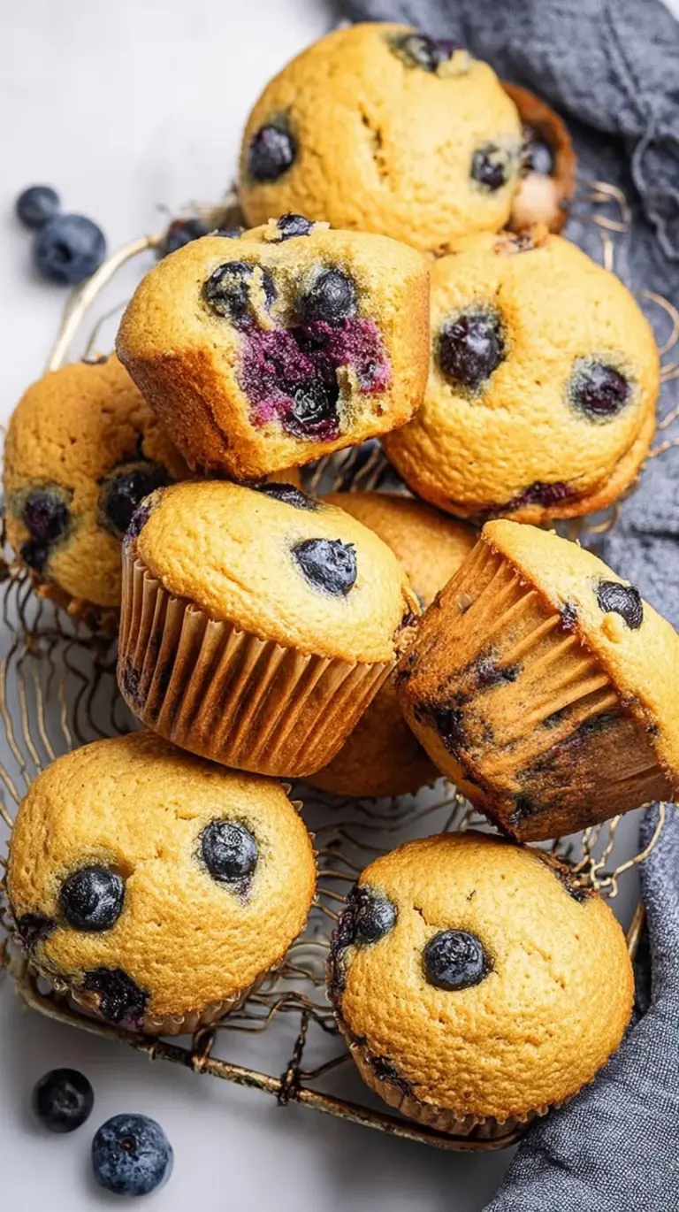 Golden brown blueberry cottage cheese muffins bursting with fresh berries on a wire cooling rack.