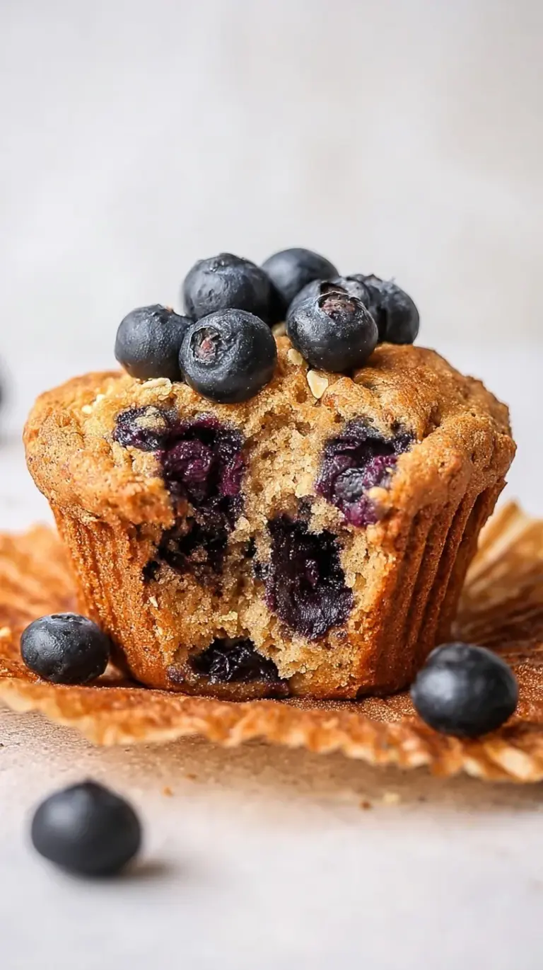 A stack of golden brown blueberry protein muffins on a wire cooling rack with fresh berries nearby.