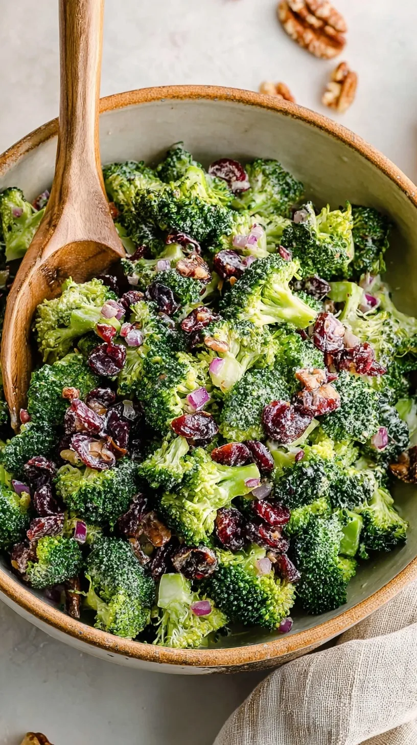 A colorful bowl of Broccoli Cranberry Salad with sunflower seeds and bacon bits