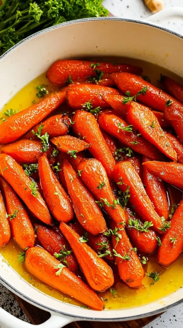 A skillet of tender sliced carrots coated in a glossy brown sugar and butter glaze topped with fresh parsley