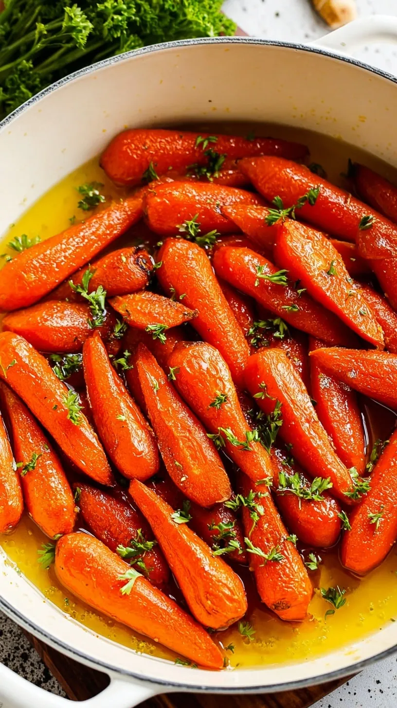 A skillet of tender sliced carrots coated in a glossy brown sugar and butter glaze topped with fresh parsley