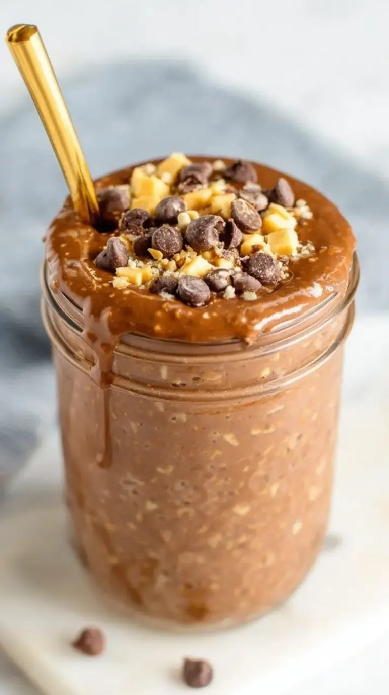 A glass jar filled with thick chocolate brownie batter overnight oats topped with mini chocolate chips.