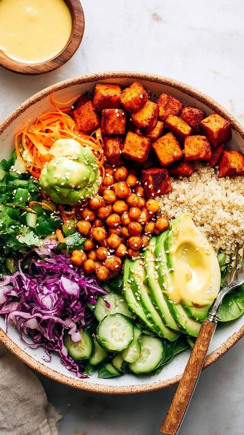 A vibrant Classic Buddha Bowl with roasted sweet potatoes, chickpeas, kale, and avocado drizzled with tahini sauce.