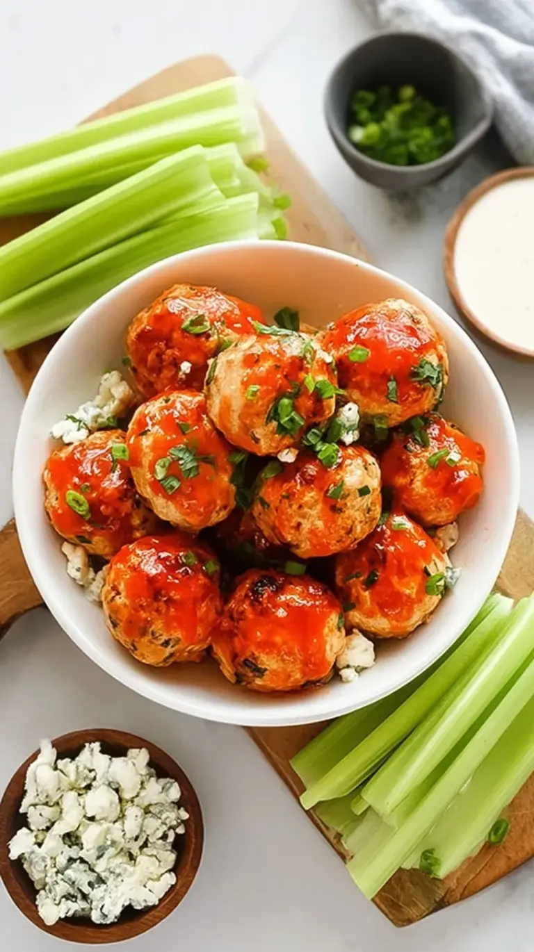 A platter of golden buffalo chicken meatballs drizzled with spicy sauce and garnished with green onions.