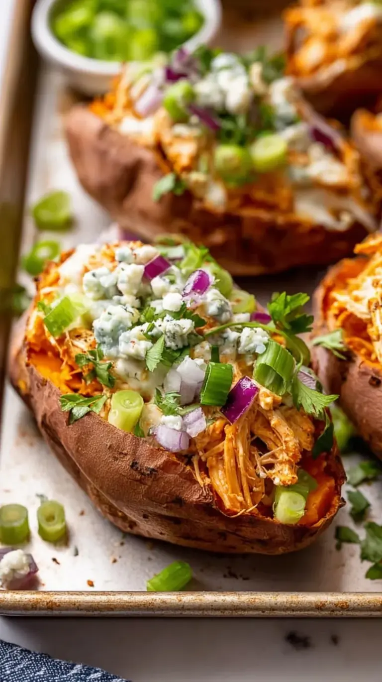 Four roasted sweet potatoes stuffed with spicy buffalo chicken and drizzled with ranch dressing