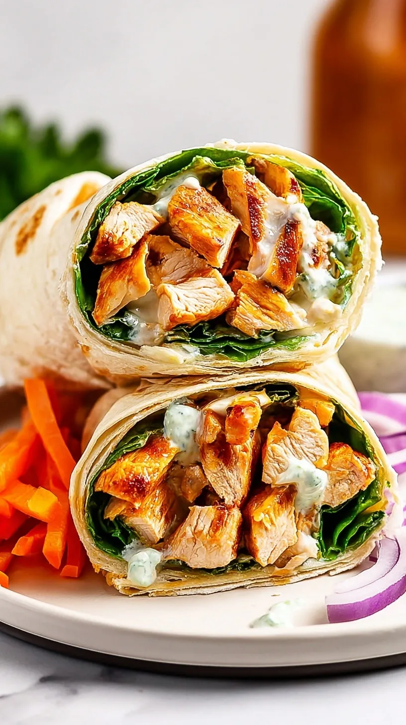 A sliced Buffalo chicken wrap showing spicy chicken, crisp lettuce, and creamy ranch dressing.