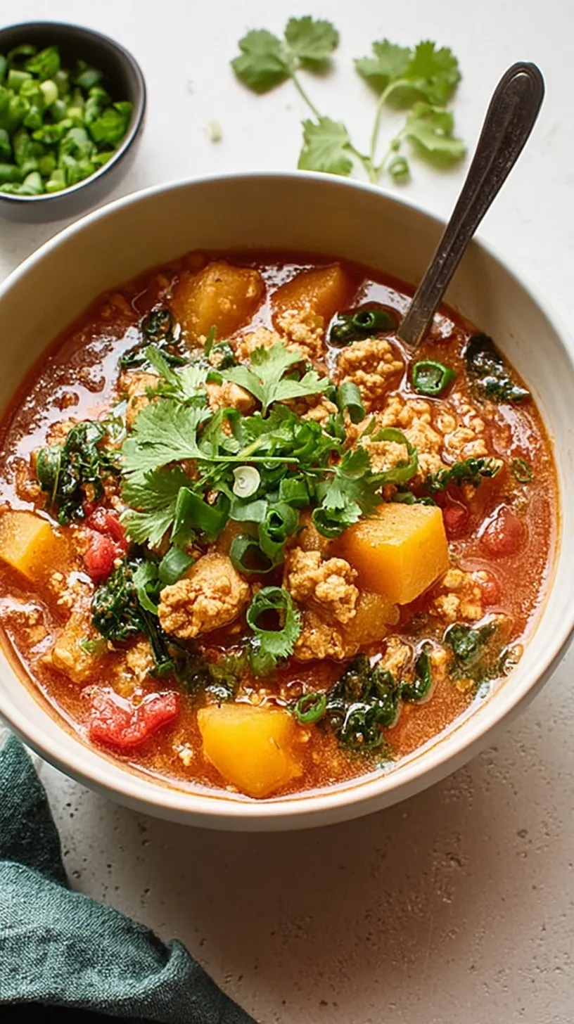 A steaming bowl of turkey chili with cubes of orange butternut squash and black beans