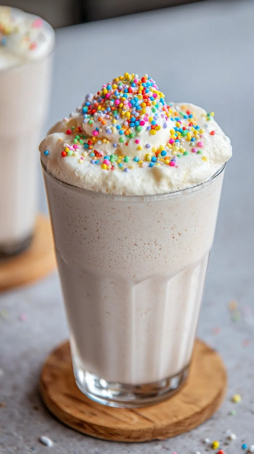 A creamy vanilla protein shake in a glass topped with rainbow sprinkles.