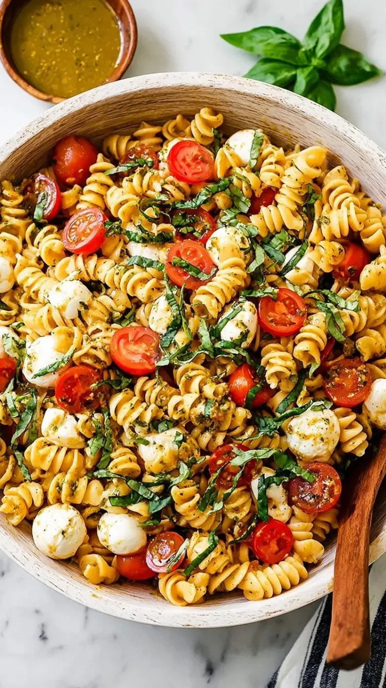 A colorful Caprese Pasta Salad with rotini, cherry tomatoes, mozzarella pearls, and fresh basil in a large bowl.