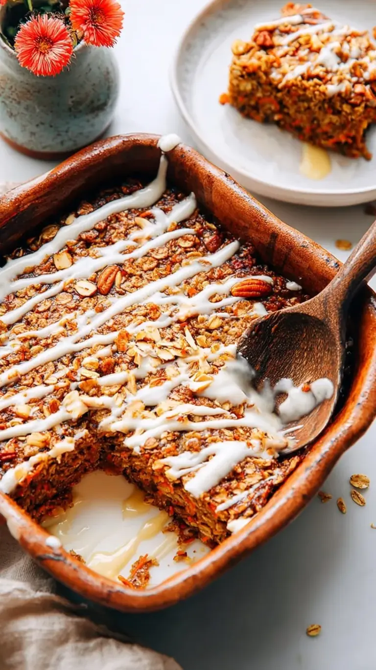 A golden brown dish of Carrot Cake Baked Oatmeal topped with walnuts and raisins.
