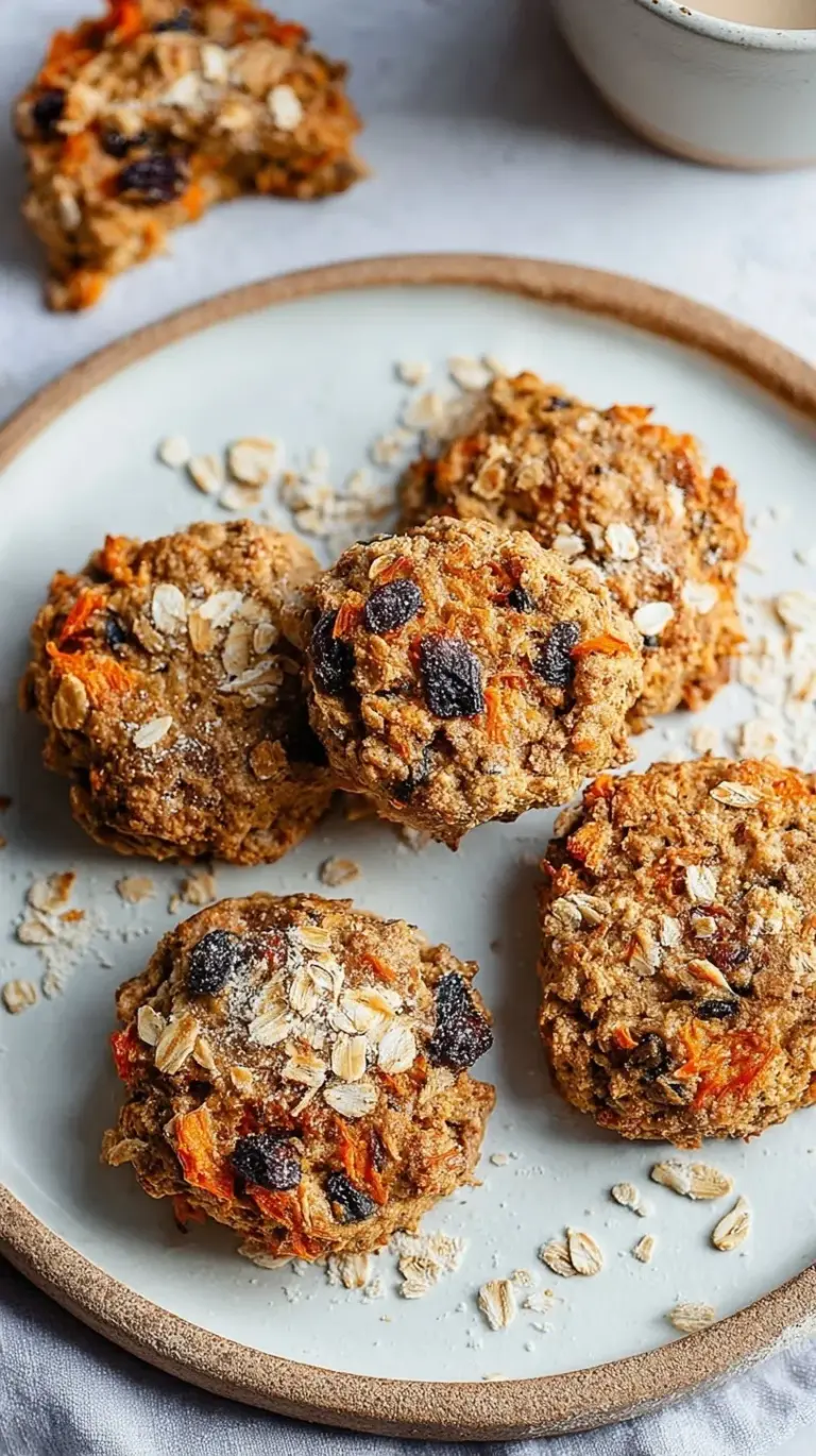 Golden brown carrot cake breakfast cookies with visible oats, carrots, and walnuts on a parchment-lined baking sheet.