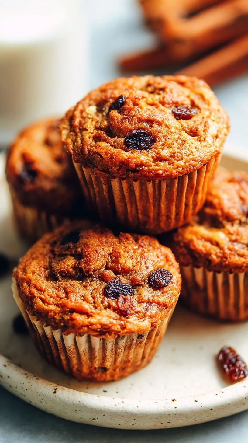 A stack of golden brown carrot raisin muffins on a wire cooling rack with fresh carrots in the background.