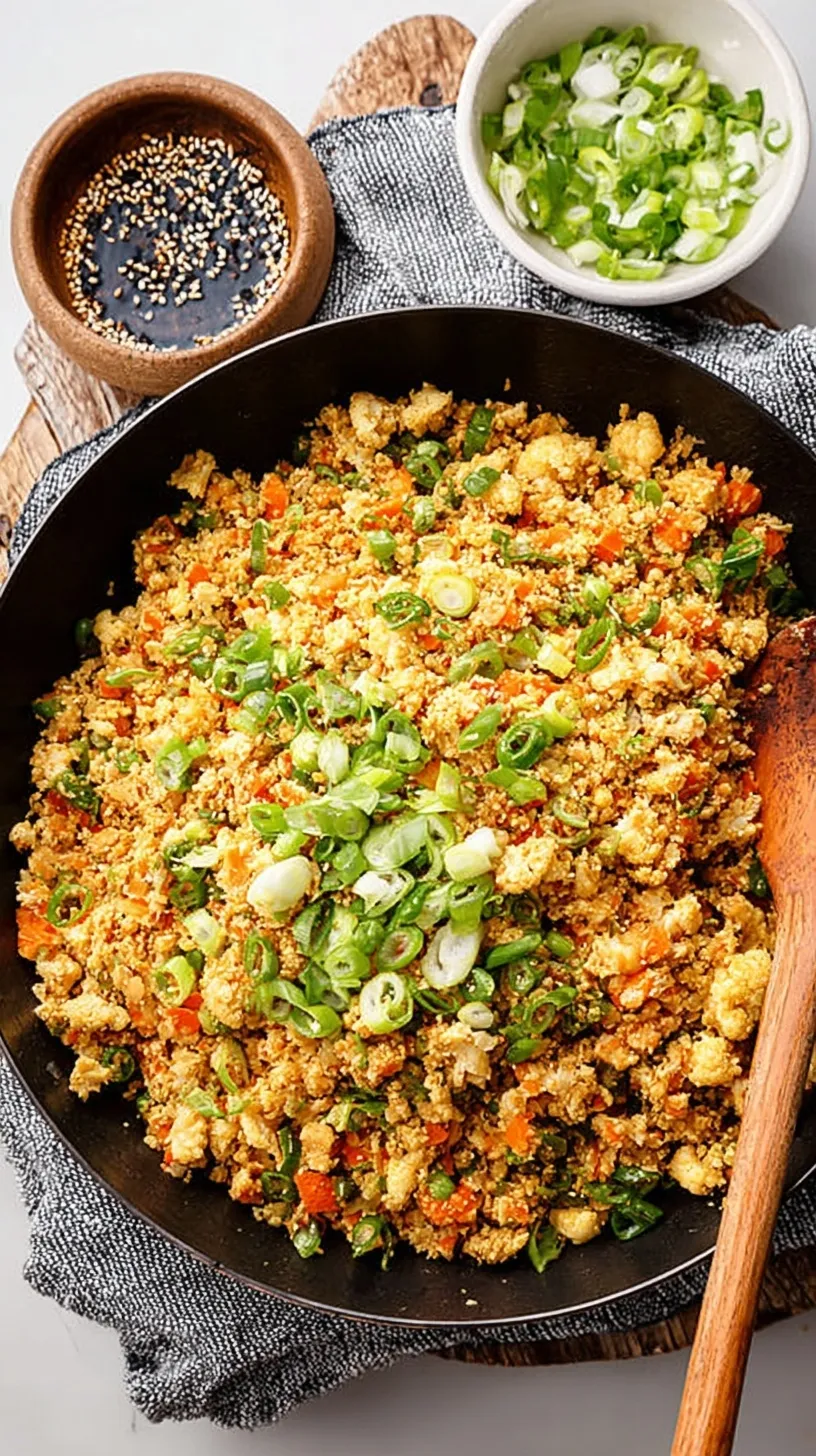 A colorful bowl of cauliflower fried rice with green onions and peas