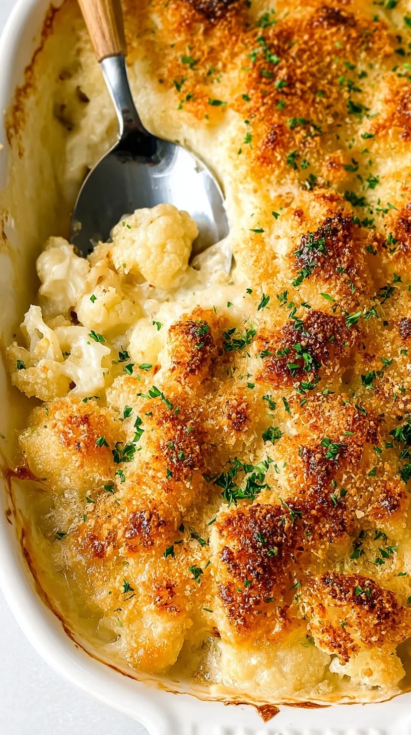A golden brown bubbly cauliflower gratin in a white baking dish with melted cheese and breadcrumbs.