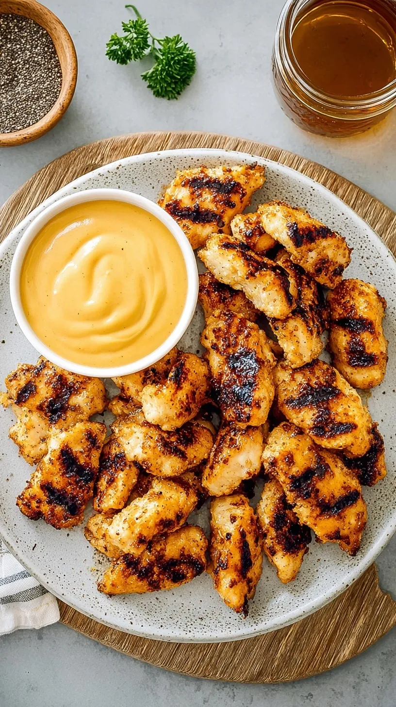 Golden brown grilled chicken nuggets on a white plate with dipping sauce and fresh herbs.