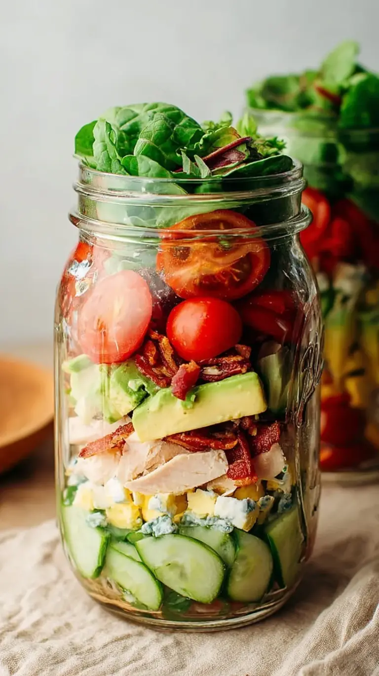 A vibrant mason jar salad layered with ranch, tomatoes, chicken, bacon, and avocado topped with romaine lettuce.