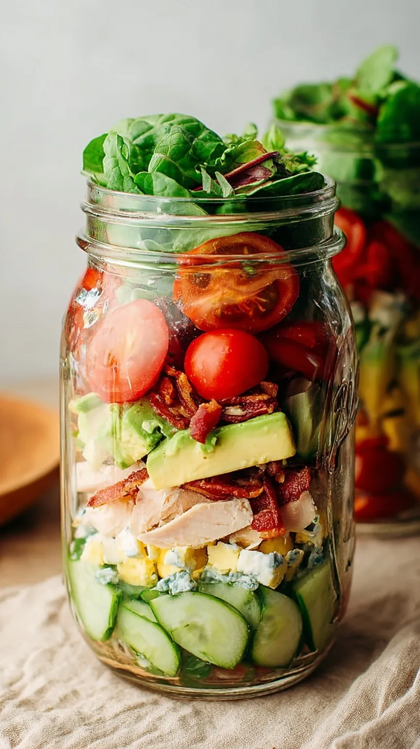 A vibrant mason jar salad layered with ranch, tomatoes, chicken, bacon, and avocado topped with romaine lettuce.