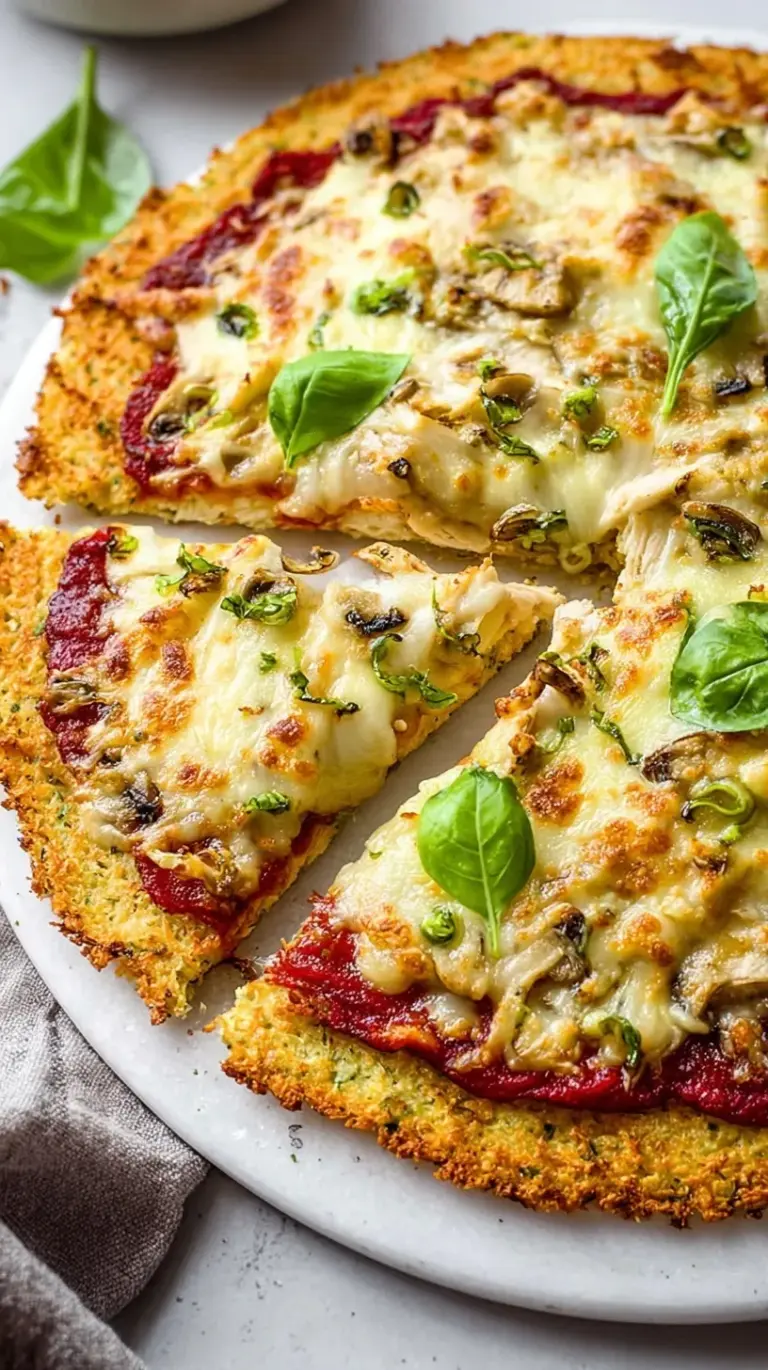 A golden brown chicken crust pizza topped with melted mozzarella and pepperoni slices on parchment paper.