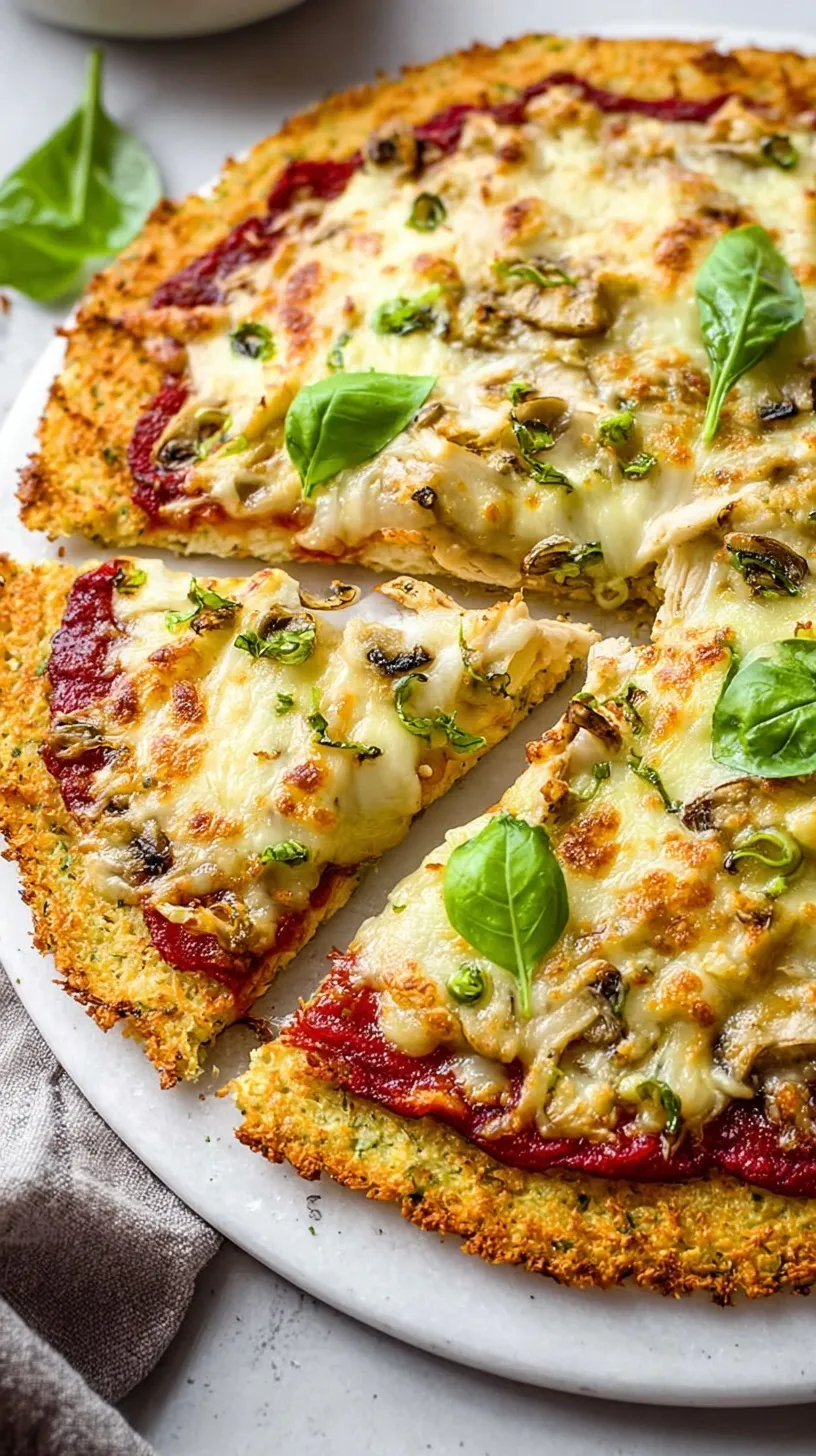 A golden brown chicken crust pizza topped with melted mozzarella and pepperoni slices on parchment paper.