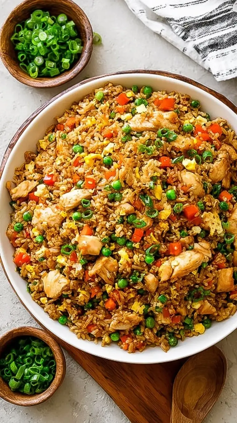 A colorful pan of chicken fried rice with green onions and peas