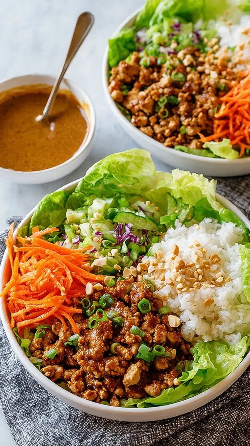A colorful bowl of ground chicken, shredded carrots, and green onions over lettuce with a drizzle of peanut sauce.