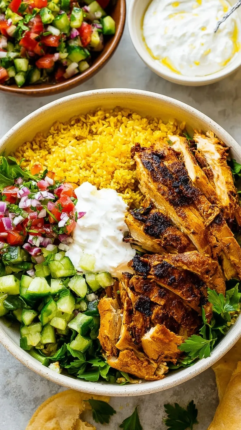 A colorful Chicken Shawarma Bowl with spiced chicken, basmati rice, cucumbers, and tomatoes drizzled with tahini sauce.