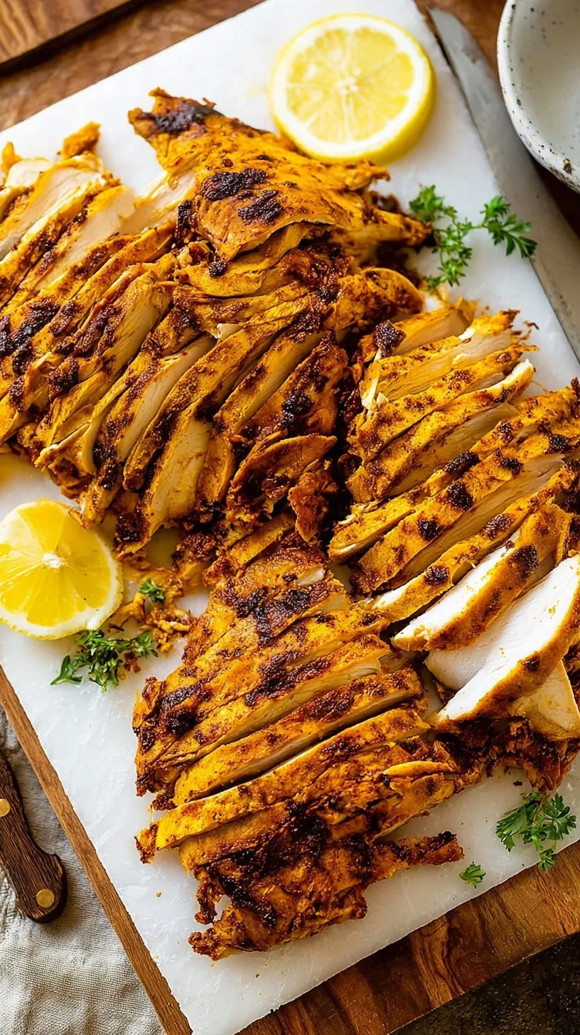 Sliced roasted chicken shawarma on a platter with lemon wedges and fresh herbs