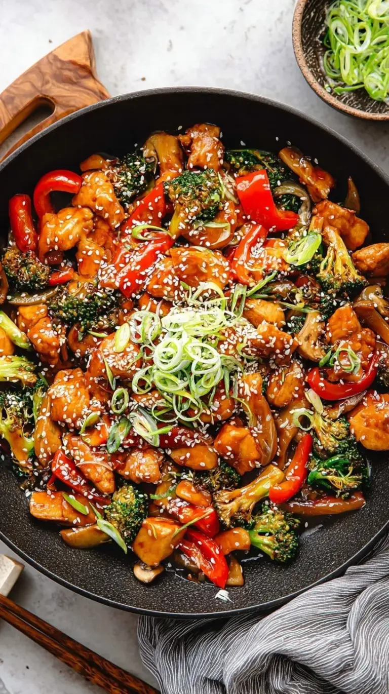 A vibrant chicken stir fry with broccoli, carrots, and red peppers in a glossy soy sauce glaze.
