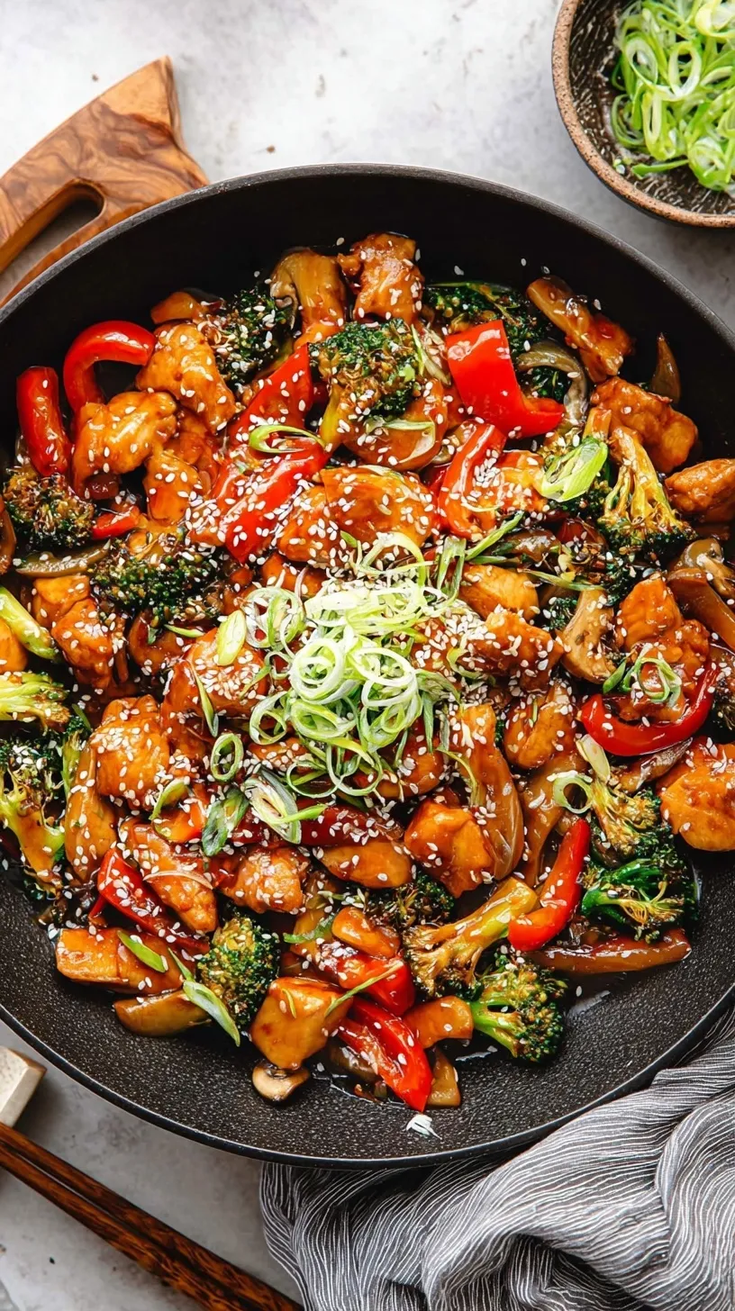 A vibrant chicken stir fry with broccoli, carrots, and red peppers in a glossy soy sauce glaze.