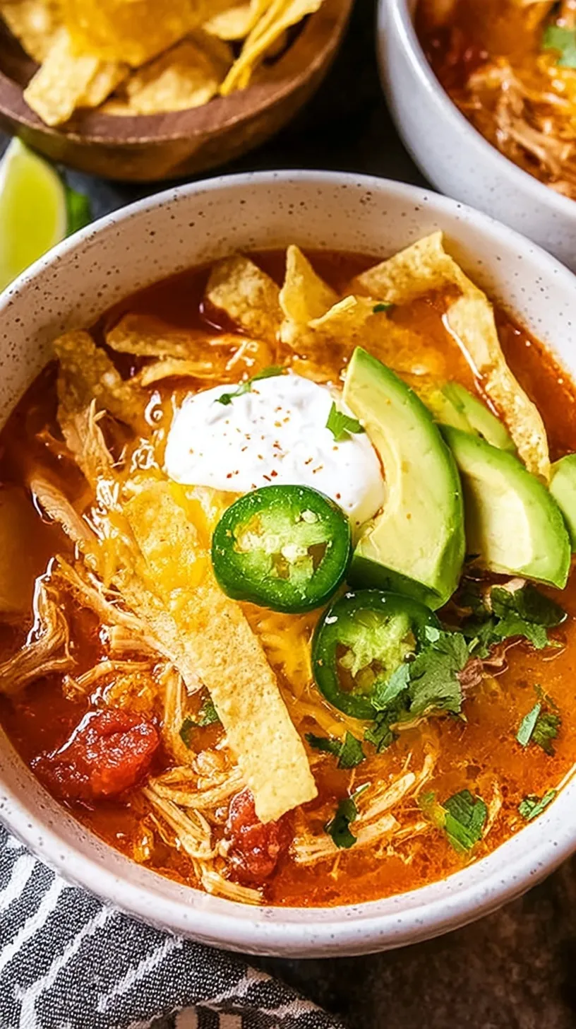 A steaming bowl of chicken tortilla soup topped with avocado, cheese, and crispy tortilla strips