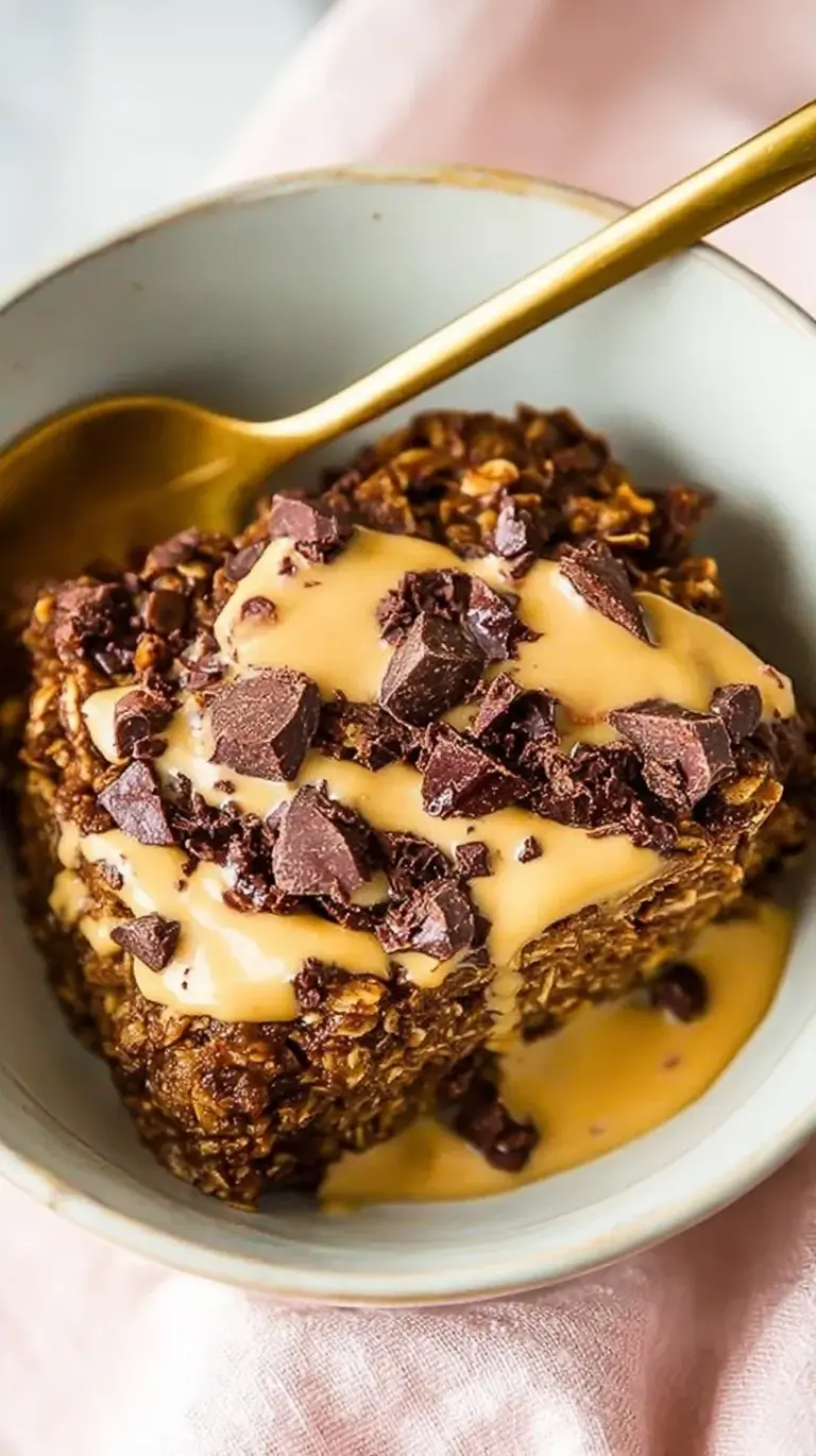 A square baking dish filled with chocolate baked oatmeal topped with melted chocolate chips