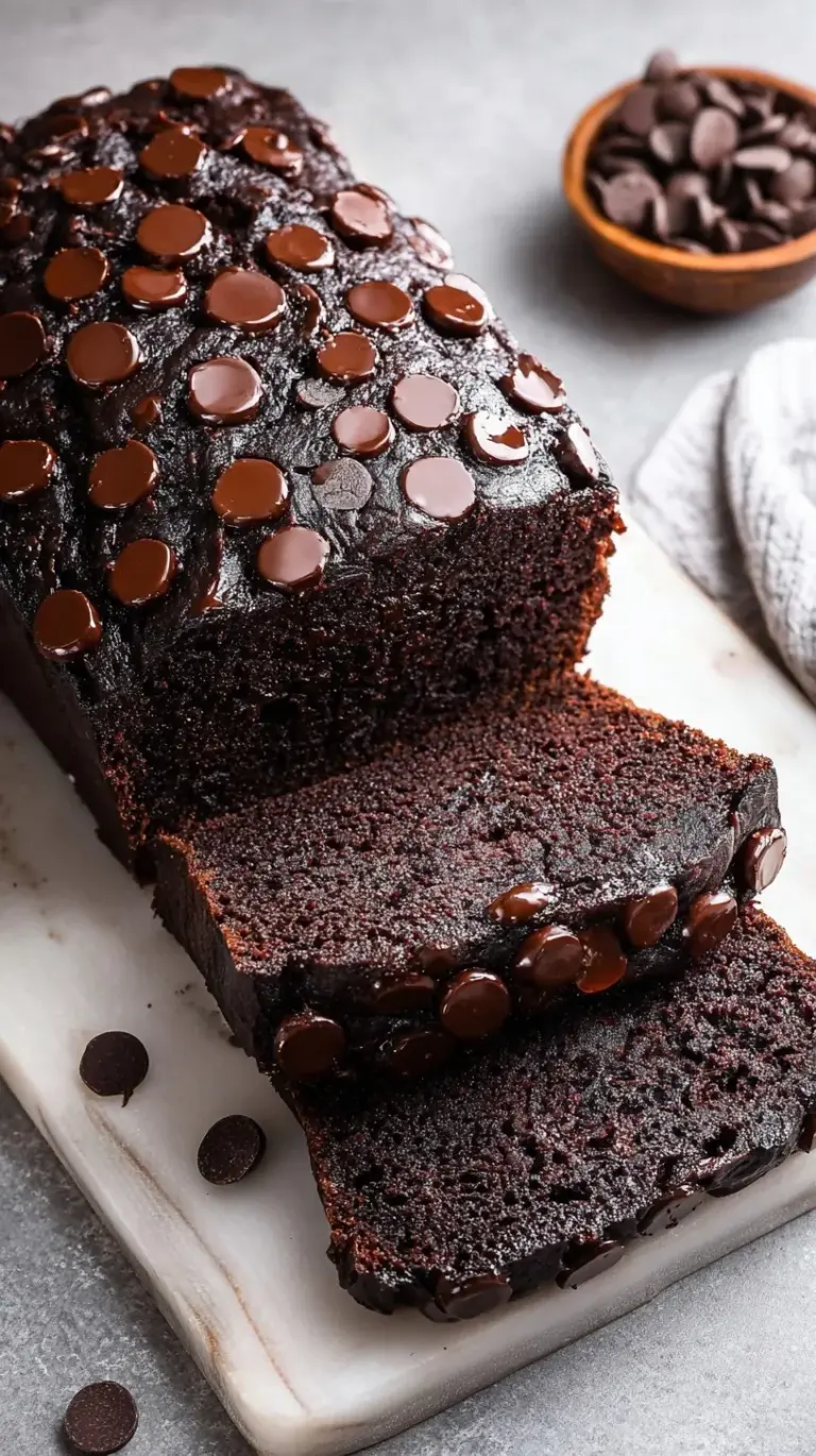 A sliced loaf of dark chocolate banana bread with melty chocolate chips on a wire rack