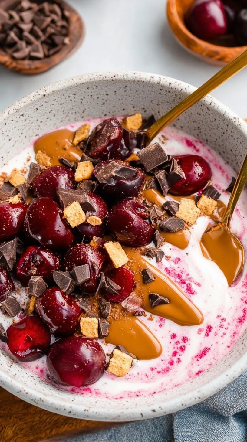 A creamy chocolate Greek yogurt bowl topped with halved dark cherries, graham cracker crumbs, and mini chocolate chips.