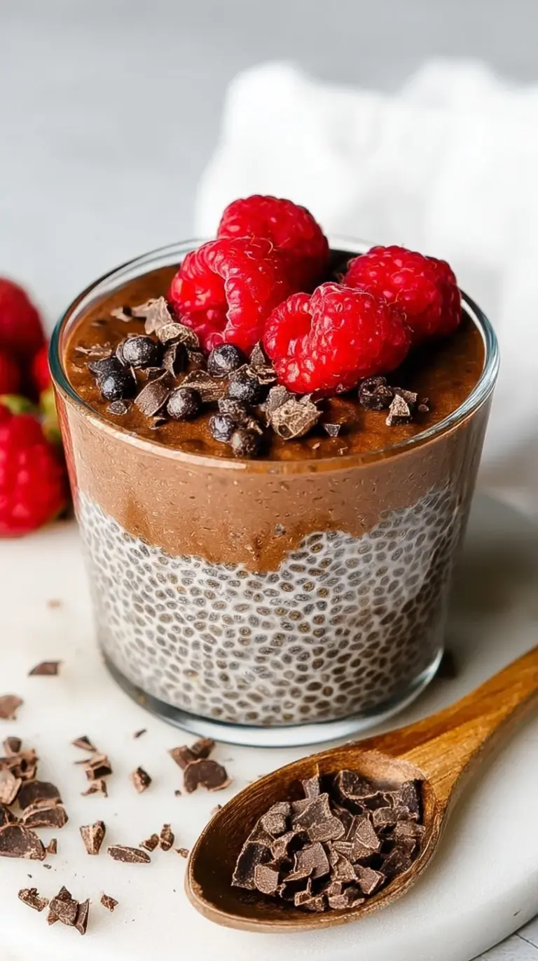 Creamy chocolate chia pudding in a glass jar topped with fresh berries