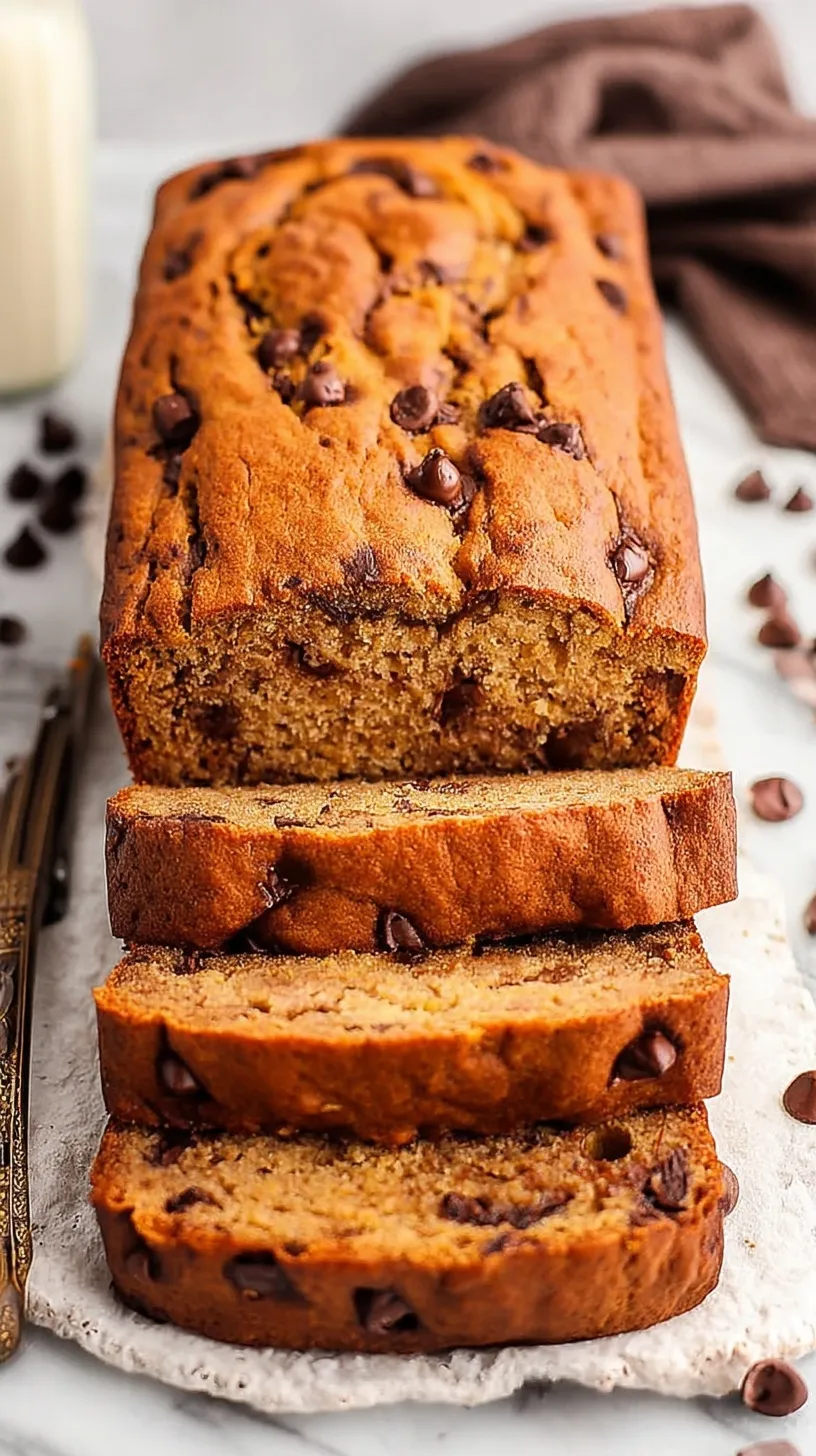 A sliced loaf of moist banana bread made with coconut flour and dark chocolate chips on a wooden board.