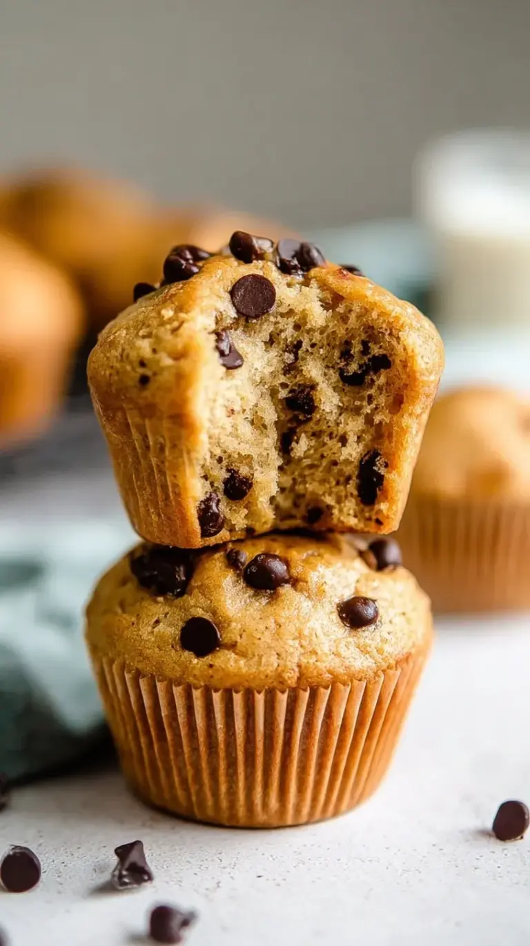 A stack of golden brown chocolate chip muffins with melted chocolate on a wire rack