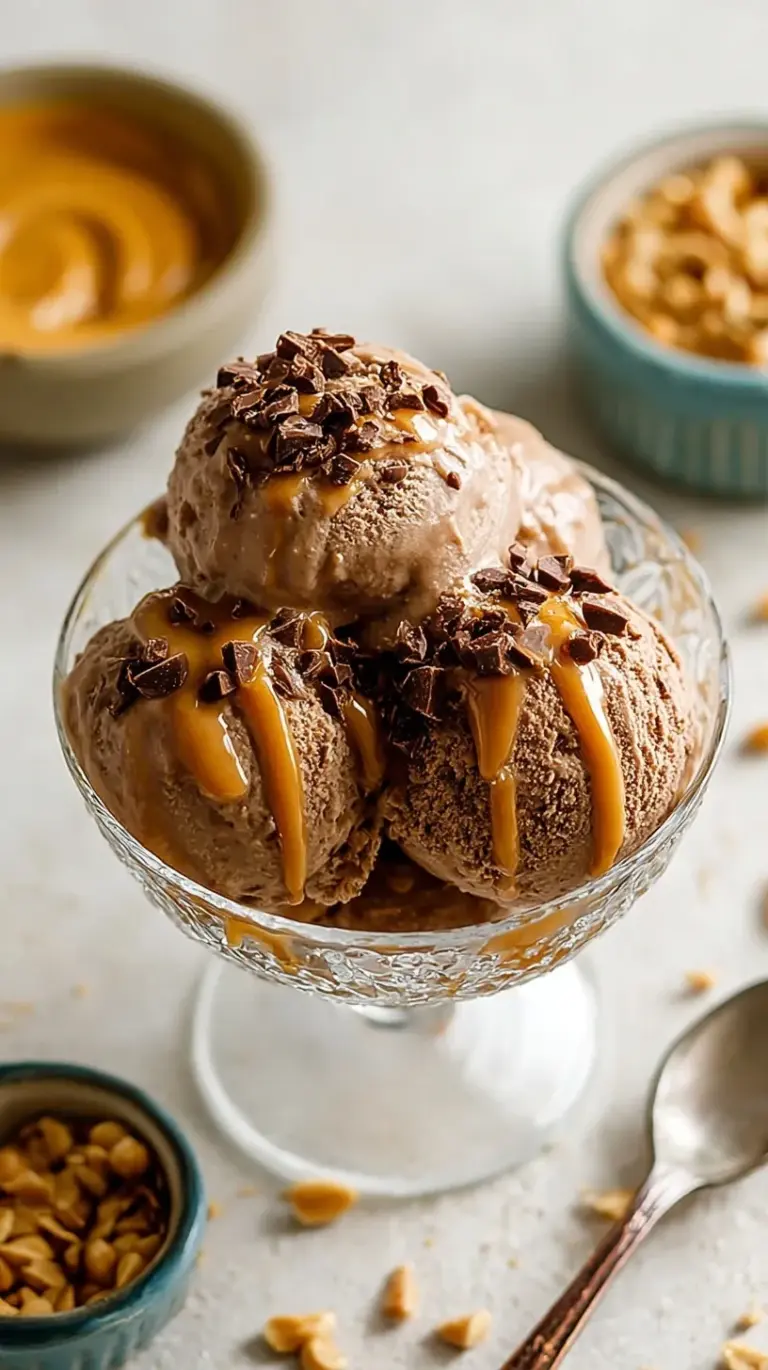 A pint of chocolate peanut butter protein ice cream made in a Ninja Creami with a swirl of peanut butter.
